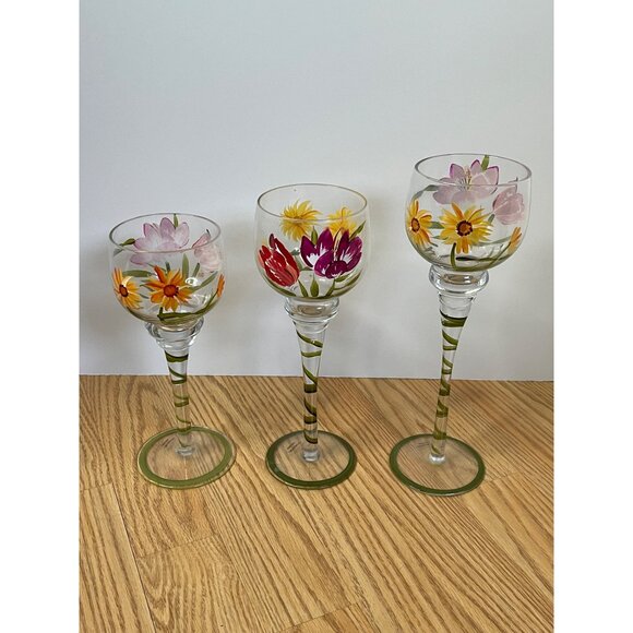 Terra Hand-Painted Tall Floral Hurricanes or Wine Glasses Set Of 3 Candle Holder - Picture 1 of 4